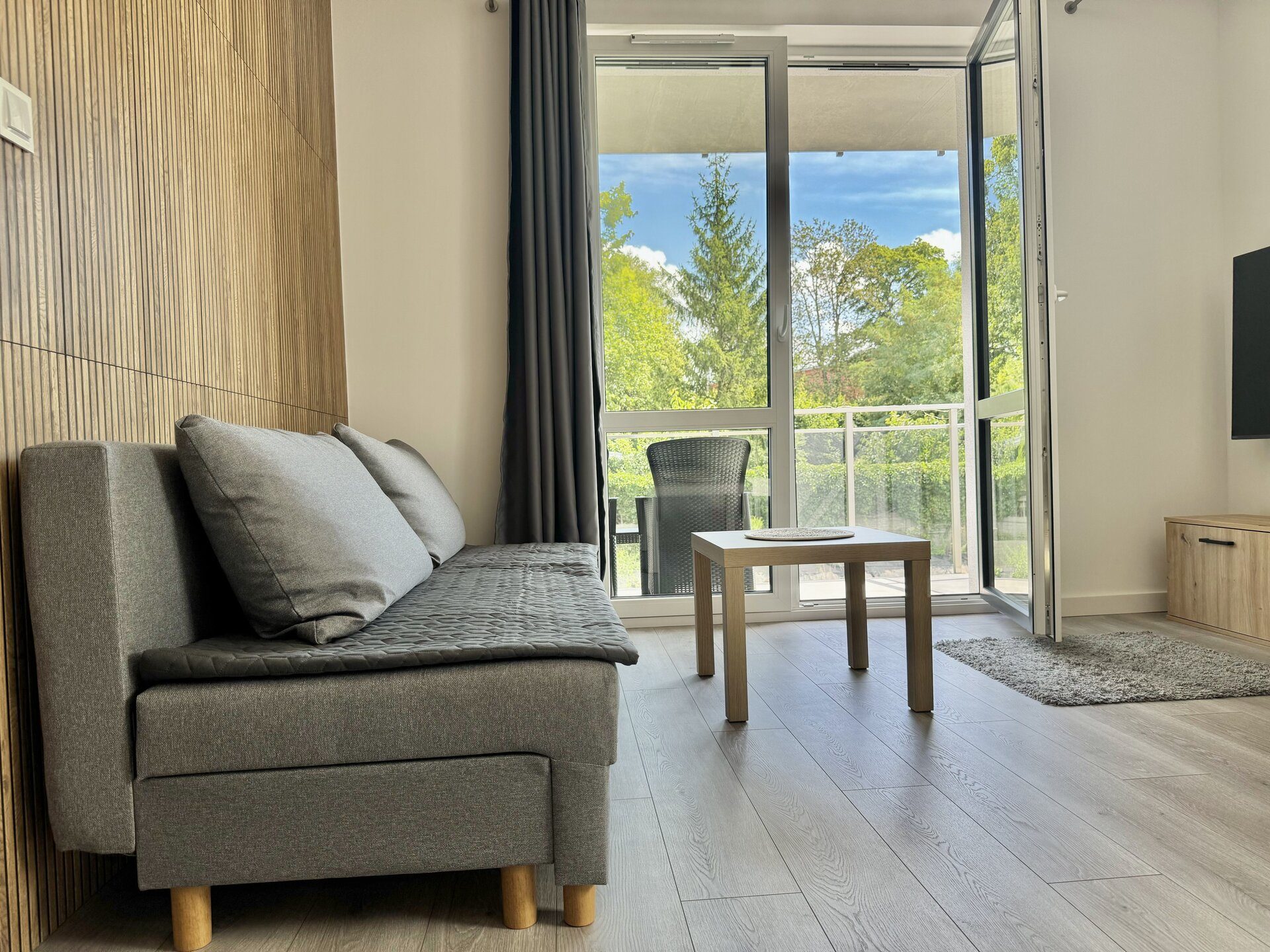Salon z sofą i balkonem — apartament Olsztyn